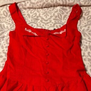 Blue Blush Red Dress with White Embroidery